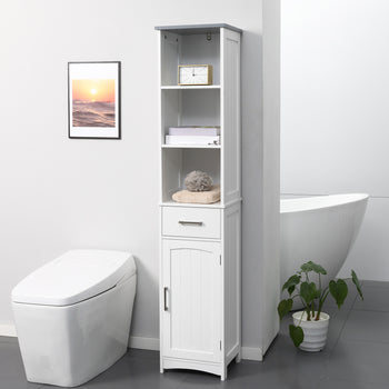 Tall Bathroom Storage Cabinet, Narrow Bathroom Cabinet with 3 Tier Shelving, Drawer and Adjustable Shelves, Slim Freestanding Linen Tower, White