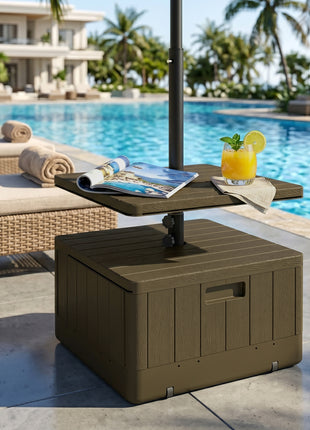 Patio Umbrella Base with Table Tray, Heavy Duty Weighted Umbrella Stand， Wheels Handles, 176lbs，Stand Filling, Brown