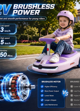 12V Electric Wiggle Car with Convertible Steering Wheel Pull Handle, 2 Speed, Music, Lights for 3-5 Years, Purple