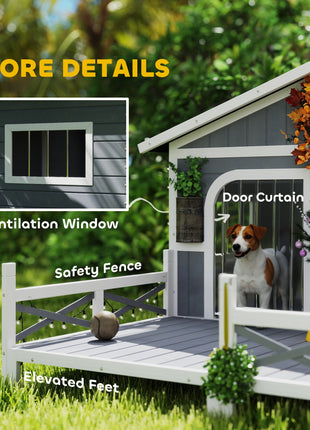 Dog House Outdoor, Wooden Dog Kennel Weatherproof with Porch, Openable Roof, Removable Bottom, Elevated Floor, Double Room for 2 Small to Medium Breeds, Gray