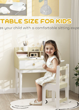 Kids Desk and Chair Set with Storage Shelves, Drawer for 3-10 Years, White