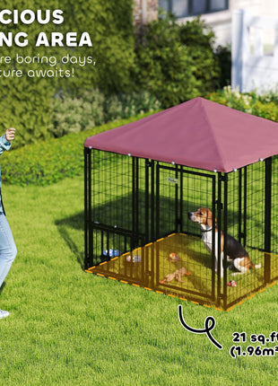 Welded Wire Outdoor Dog Kennel with 360° Rotating & 4 Levels Adjustable Bowls, Waterproof Cover, 4.6' x 4.6' x 5'