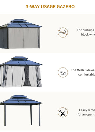 10' x 12' Hardtop Gazebo Canopy with Polycarbonate Roof, Aluminum Frame, Permanent Pavilion Outdoor Gazebo with Netting, for Patio, Garden, Backyard, Deck, Lawn, Light Gray