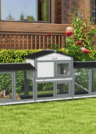 90.5" Wooden Rabbit Hutch Bunny Cage Pet Playpen House Enclosure with Double Side Run Boxes, No Leak Tray, Ramp, for Rabbits, Chickens, Ducks, Guinea Pig and Small Animals, Light Gray