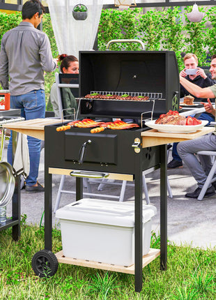 Charcoal BBQ Grill with 245 sq. in. Cooking Area, Adjustable Charcoal Pan, 3 Shelves, Thermometer, Black