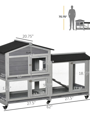 62" Wooden Mobile Rabbit Hutch with Wheels, Run Box, Slide-out Tray, Ramp