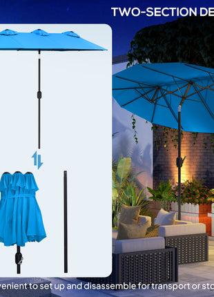 Double-sided Patio Umbrella, 9.5' Outdoor Umbrella with Push Button Tilt and Crank, 3 Air Vents and 12 Ribs, Cyan Blue