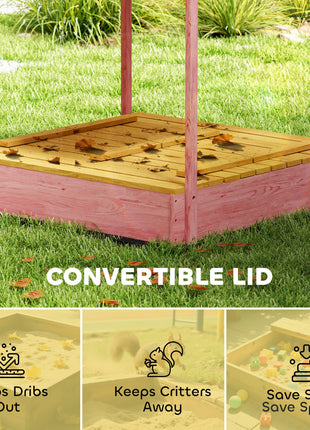 Wooden Sandbox with Cover, Kids Sandbox Outdoor with Seat, Bottom Liner, Canopy for Ages 3-6, Flamingos Print, Pink