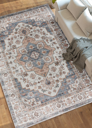 8x10 Area Rug, Vintage Machine Washable Rug, Non-Slip Carpet for Living Room, Bedroom, Dining Room, Brown & Light Blue