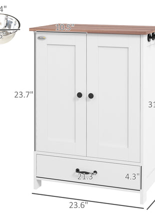 Pet Feeding Station, Dog Food Storage Cabinet w/ Raised Dog Bowls, Adjustable Panel, Hooks for Medium Dogs, White
