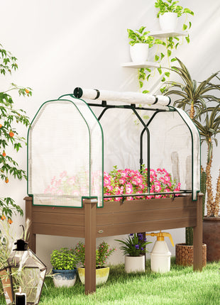 Raised Garden Bed with PE Greenhouse Cover Outdoor Planter Box for Herbs and Vegetables, 48 x 22 x 46 inch, Brown