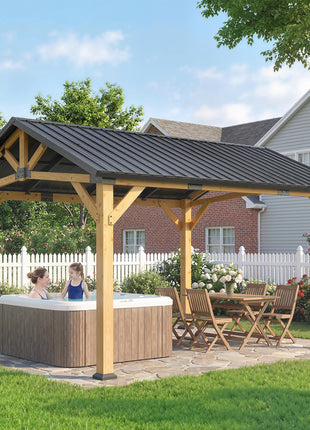 13' x 11' Hardtop Gazebo Canopy with Galvanised Metal Roof, Fir Wood Frame and Central Hook for Patio, Black Gray