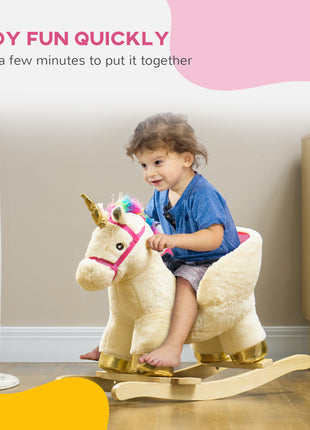 Kids Rocking Horse, Unicorn with Realistic Sound, Safety Belt & Wooden Base for 18-36 Months