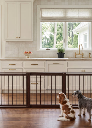 28"-75" Freestanding Wooden Pet Gate with Support Feet & Non-Slip Mats for Indoor, Stairway, Doorway, Brown