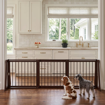 28"-75" Freestanding Wooden Pet Gate with Support Feet & Non-Slip Mats for Indoor, Stairway, Doorway, Brown