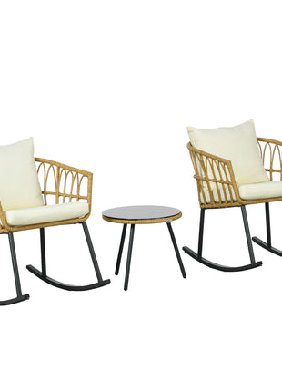 Wicker Outdoor Rocking Chair Set, 3 Piece Patio Bistro Set with 2 Porch Rocker Chairs, Glass Top Coffee Table and Cushions, Patio Conversation Set for Balcony, Backyard, Cream White