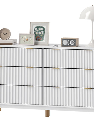 6 Drawer Double Dresser for Bedroom, Fluted Chest of Drawers with Gold Finger Pulls and 5 Wood Legs, White