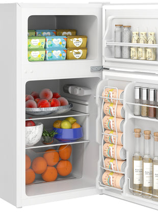 3.2 Cu.Ft Mini Fridge with Freezer, Compact Refrigerator with Adjustable Thermostat, Shelf and Double Reversible Door for Bedroom, Dorm, Home Office, Energy Efficient, White
