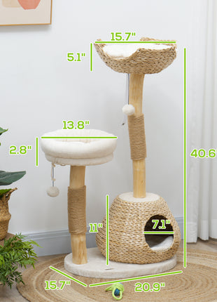 41" Cat Tree for Indoor Cats with Wooden Cat Scratching Posts, Cat Condo, Cat Beds & Toy Balls, Cream White