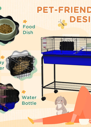 Two-Story Small Animal Cage Removable from Stand, Pet Habitat with Shelf & Wheels, 33" x 18.5" x 35", Blue