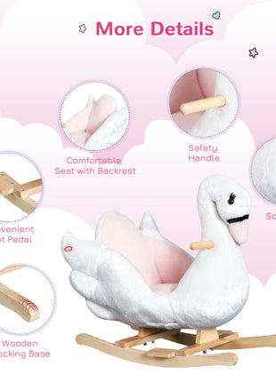Kids Ride On Rocking Horse Plush Swan Style Toy with Music for Over 18 Months Children, White and Pink