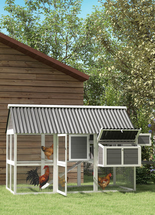 Wooden Chicken Coop with Run, 2 Nesting Boxes, 2 Roosting Bars, Ramp & Tray, Poultry Cage for 4-6 Chickens, Gray