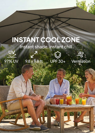 10 ft Offset Patio Umbrella with Cover, Hanging Cantilever Umbrella with 360° Rotation, Crank Handle, Tilt, Tan