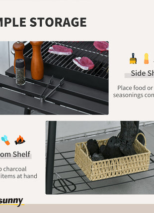 30" Portable Charcoal Barbecue Grill with Wheels Outdoor Barbecue with Adjustable Charcoal Rack, Storage Shelf, for Garden Camping Picnic