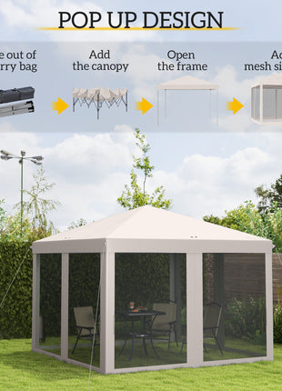 10' x 10' Pop Up Canopy Tent with Netting, Instant Gazebo, Screen House Room with Carry Bag, Height Adjustable, for Outdoor, Garden, Patio, Camping, Beige