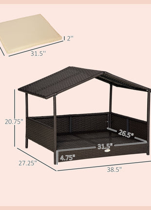 Wicker Dog House Outdoor with Canopy, Rattan Dog Bed with Water-resistant Cushion, Raised Dog Bed for Small, Medium Dogs up to 66 lbs, 19.75" in Length, Brown Wicker, White Cushion