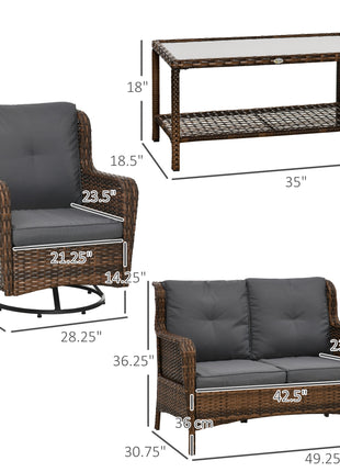 4 Piece PE Rattan Outdoor Patio Furniture Set, Wicker Conversation Set with 2 Swivel Glider Chairs, 2-Tier Glass Table and Loveseat for Garden, Patio, Poolside, Gray