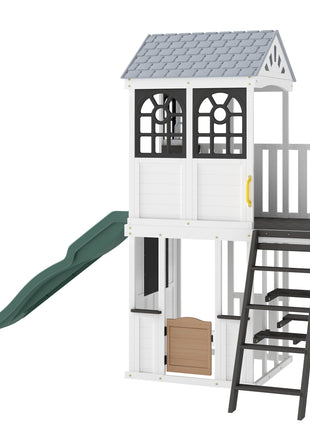 Two-Story Outdoor Playhouse, Wooden Kids Playhouse with Slide, Table & Bench, Play Kitchen, Ladder, Blackboard, White