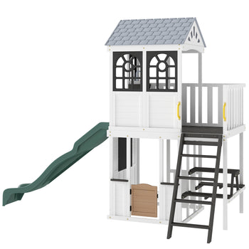 Two-Story Outdoor Playhouse, Wooden Kids Playhouse with Slide, Table & Bench, Play Kitchen, Ladder, Blackboard, White
