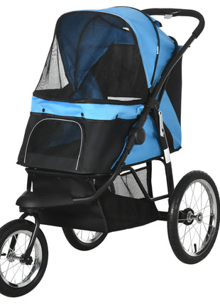 3 Wheels Pet Stroller for Small Dogs and Medium Dogs with Adjustable Canopy, Safety Tether, Storage Basket, Blue