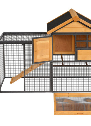 Outdoor Rabbit Cage Elevated Pet House w/ Slide-Out Tray, Natural Wood & Black