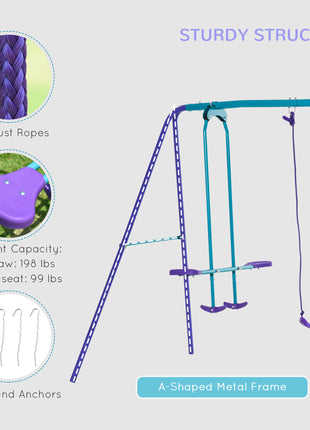Metal Swing Set with Glider, Two S Seats and Adjustable Height, Outdoor Heavy Duty A-Frame Kids Playset Suitable for Playground, Backyard, Purple