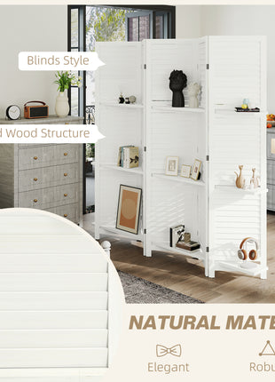 5 Panel 67" Tall Wood Privacy Screen Room Divider with 3 Shelves and Folding Storage for Bedroom, White