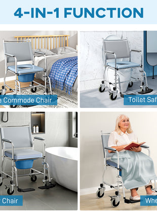 Rolling Shower Chair, Bedside Commode Wheelchair with Padded Seat, Backrest, for Seniors, Disabled, 300 lbs, Gray
