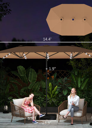Garden Parasol 14.4 ft. Double-Sided Sun Umbrella with Base, Patio Parasol with LED Solar Lights, Khaki