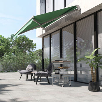 12' x 10' Retractable Awning Patio Awnings Sun Shade Shelter with Manual Crank Handle, 280g/m² UV & Water-Resistant Fabric and Aluminum Frame for Deck, Balcony, Yard, Green