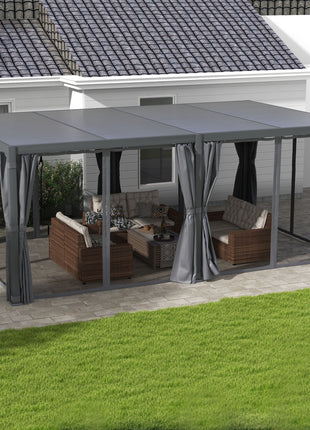 12' x 19' Aluminum Pergola with Adjustable Louvered, Outdoor Pergola with Curtains and Netting, Dark Gray