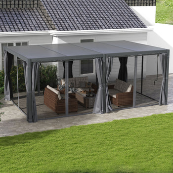 12' x 19' Aluminum Pergola with Adjustable Louvered, Outdoor Pergola with Curtains and Netting, Dark Gray