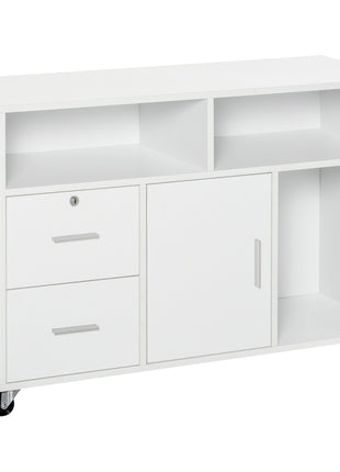 Printer Stand Home Office Mobile Storage Cabinet Organizer Desktop with Caster Wheels, 2 Locking Breaks and Drawer, White