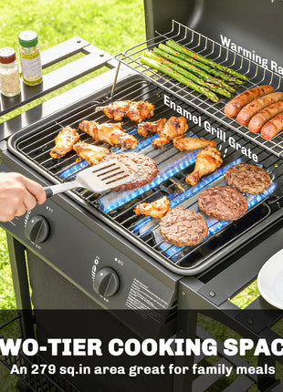 2 Burner Propane Gas Grill, 18000 BTU BBQ Grill with Wheels, Warming Rack, Shelf, Thermometer, Grease Cup, Black