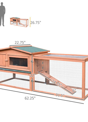 Rabbit Cage Outdoor, 62" Wooden Outdoor Rabbit Hutch, Small Animal Habitat with Detachable Run and Elevated Main House, Natural