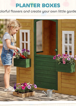 Outdoor Playhouse, Wooden Kids Playhouse with Door, 3 Windows, 2 Flower Boxes for Garden, Indoor Playroom, Ages 3–8
