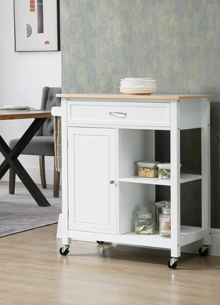 Kitchen Island Cart, Rolling Kitchen Island with Storage Shelf, Solid Wood Top, Drawer, for Dining Room, White