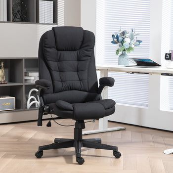 6 Point Vibrating Massage Office Chair with Heat, Linen High Back Massage Desk Chair with Reclining Backrest, Black