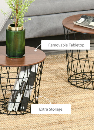 End Tables Set of 2, Nesting Tables with Storage, Round Accent Side Tables with Removable Top for Living Room,  Black/ Brown