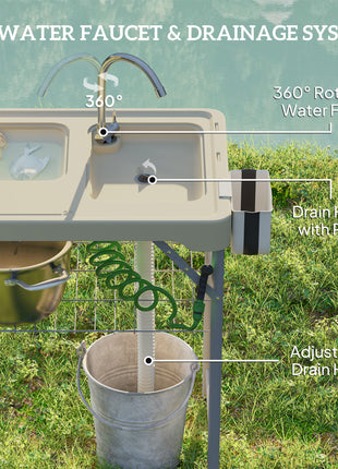 Folding Fish Cleaning Table with Sinks, Portable Camping Sink Table with Faucet, Drainage Hose, Sprayer, Shelf, Drawer and Storage Basket, Outdoor Fillet Table for Picnic Beach Patio, Tan